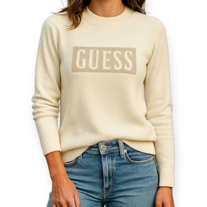 GUESS Women’s Logo Sweater Small Ivory Cozy‎ Knit Y2K Glam Old Money Minimalist